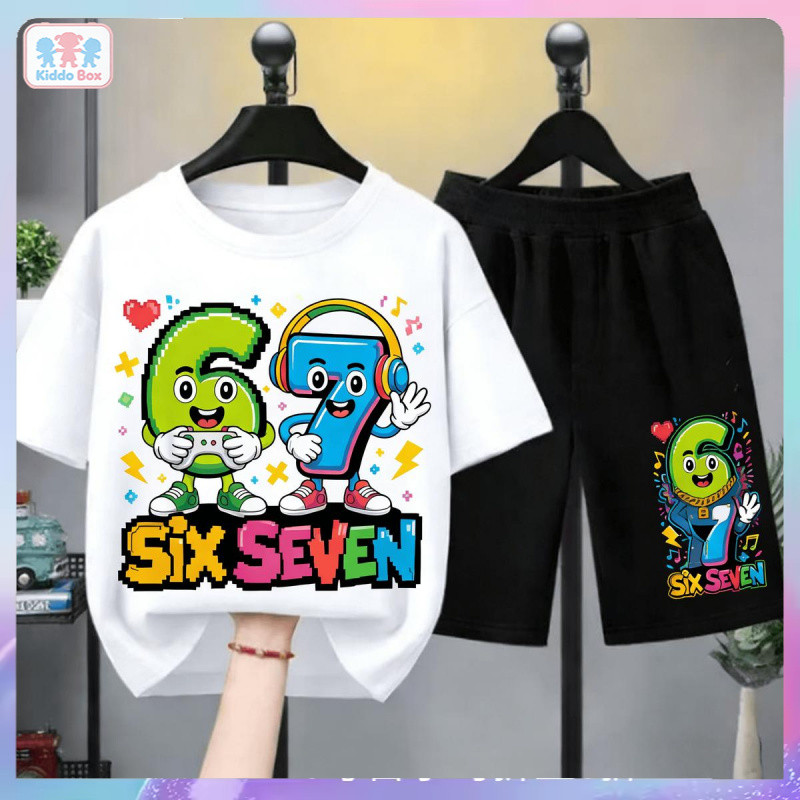 ชุดเด็ก 2 ชิ้น ลายตัวเลข 6 และ 7 สไตล์เกม | เสื้อยืด + กางเกงขาสั้น | ผ้าฝ้ายนุ่มสบาย | สไตล์เท่ห์ | ชุดเด็กฮิตใน