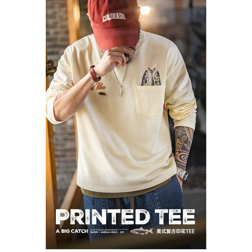 Retro Mens American Print Pocket Long Sleeve T-Shirt 100% Cotton Comfort Crew Neck Base Layer Top Spring — صورة 6