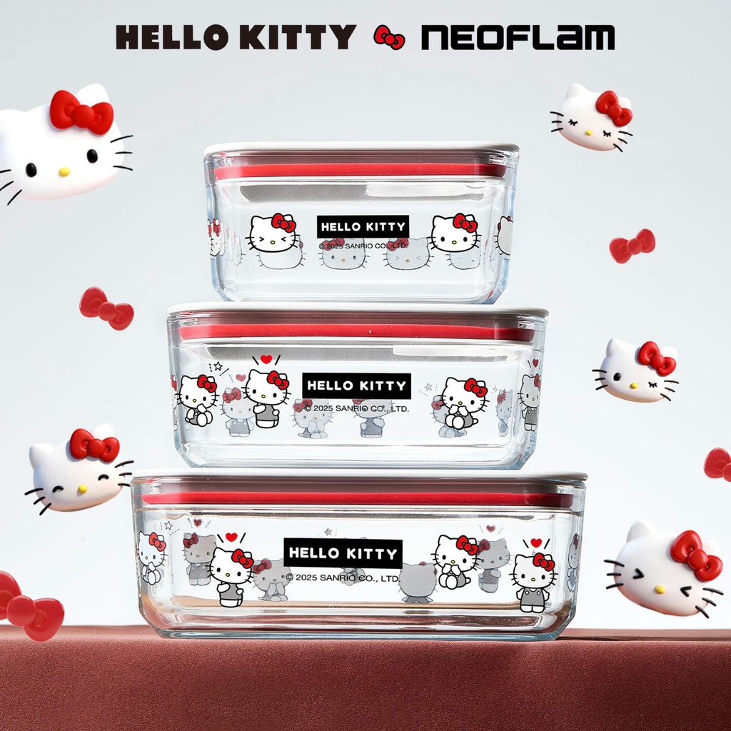 พร้อมส่ง / Hello Kitty x Neoflam กล่องข้าวเนื้อแก้ว ลายคิตตี้ / ฝาปิดสนิท / เทา