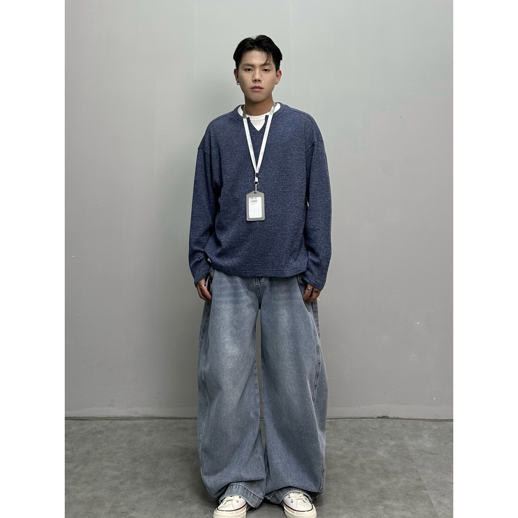 old money style men แฟชั่นชาย URCHIN ผสมวาฟเฟิลด์เปิดคอแขนยาวชายหญิง25W ฤดูใบไม้ร่วงสีพื้นคอวีหลวมสไ