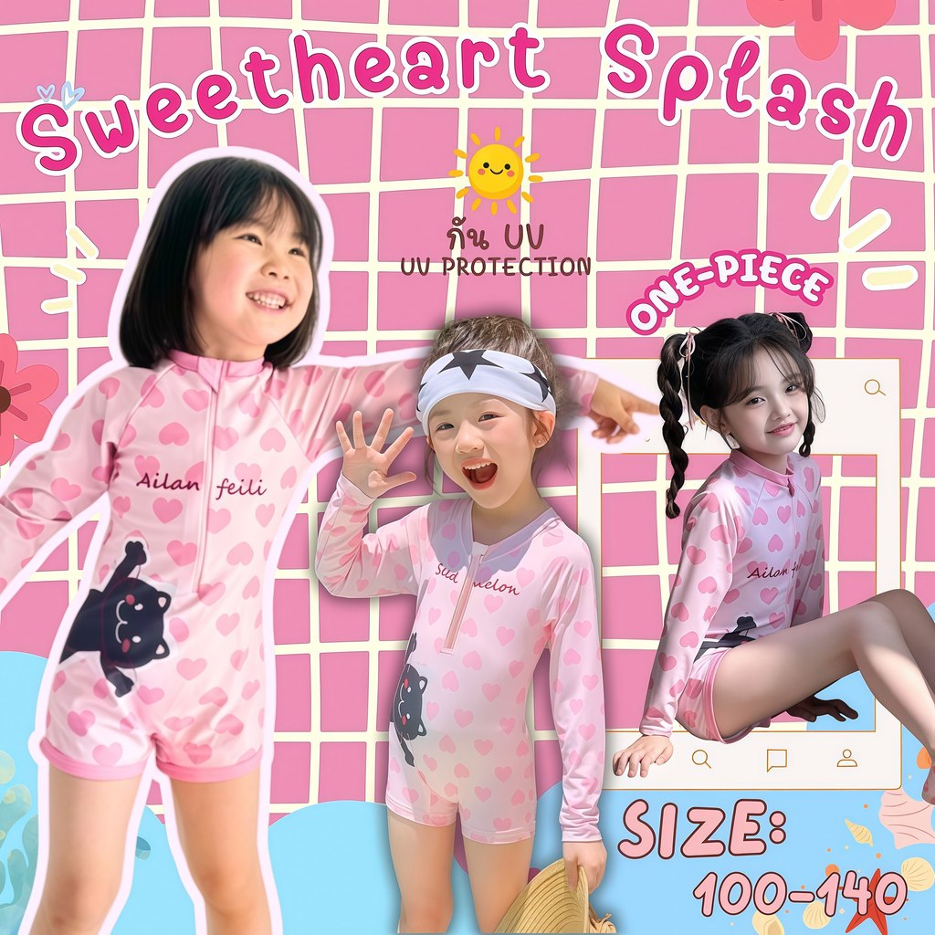 BABY BEACH💥ส่งจากไทย💥 ชุดว่ายน้ำเด็กผู้หญิง ชุดว่ายน้ำเด็กวันพีชแขนยาว ว่ายน้ำเด็กผู้หญิง🐱มีไซส์100-140 ลายน่ารัก Y737