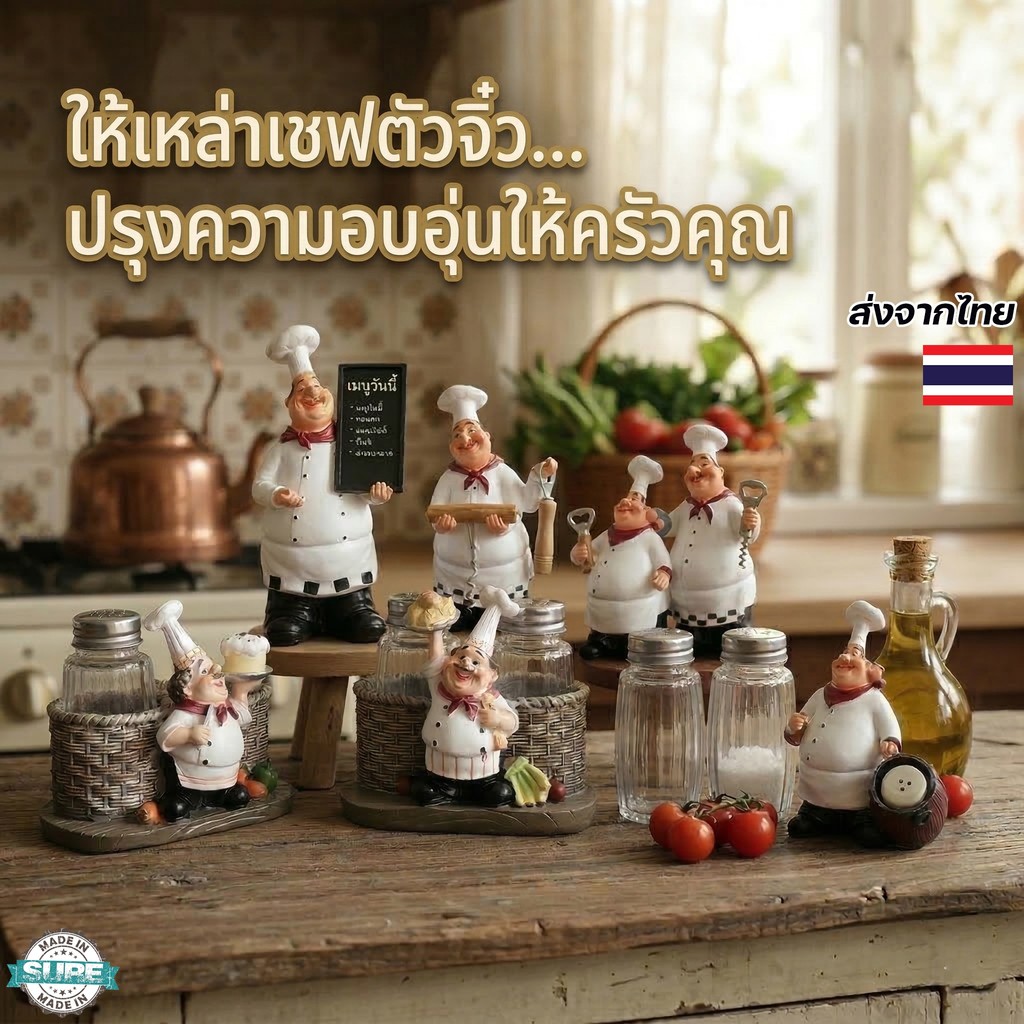 Chef Resin Figurine ที่ใส่เกลือพริกไทย ตุ๊กตากุ๊กตกแต่งครัว แต่งร้านอาหาร คาเฟ่ ของแต่งบ้าน พร็อพถ่ายรูปน่ารัก