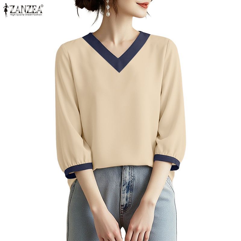ZANZEA ผู้หญิงเกาหลีลําลอง V คอ 3/4 แขนโคมไฟ Contrast Splicing ปุ่มด้านหลังเสื้อหลวม