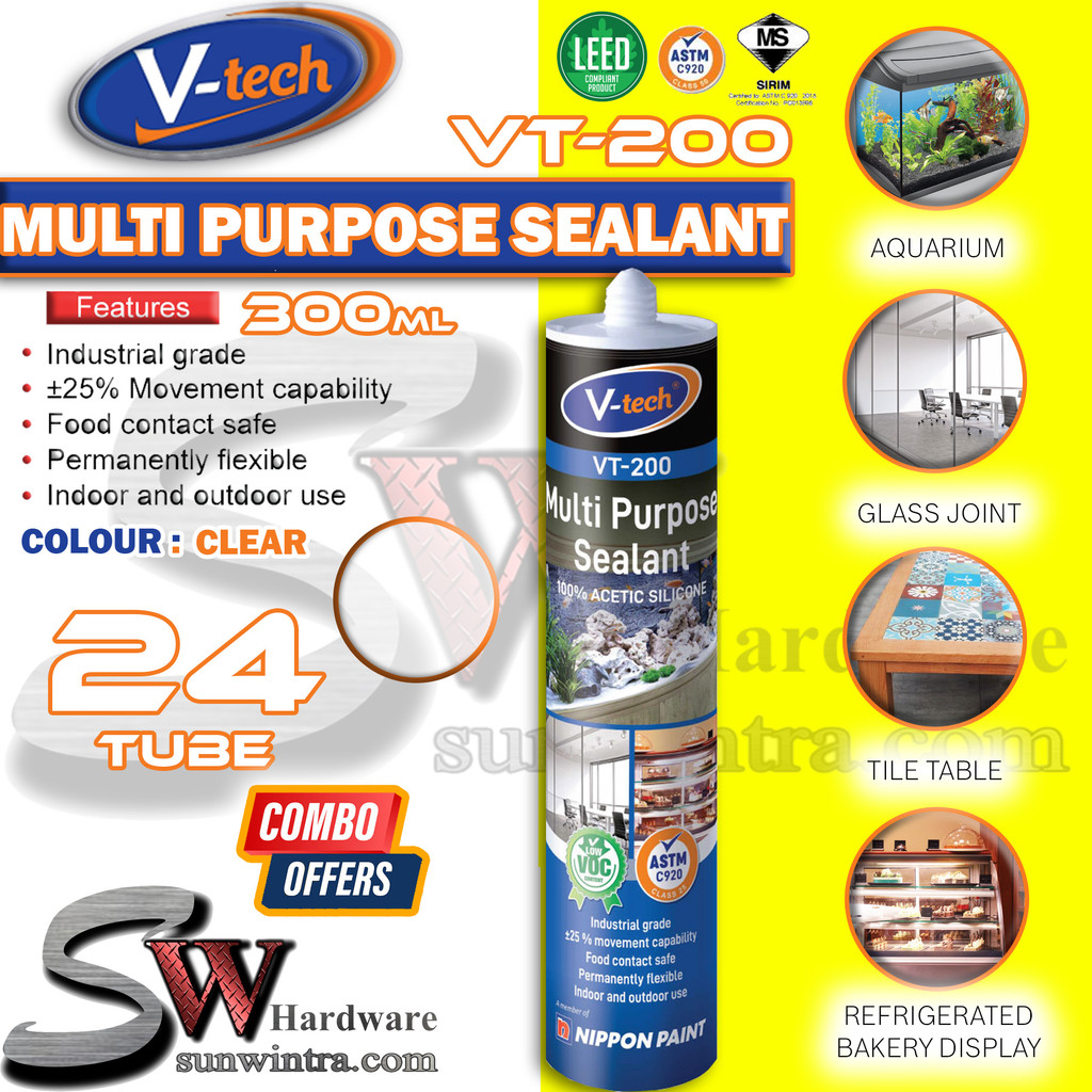 COMBO 1CTN / 24 หลอด V-TECH 300ML สีใสหลายวัตถุประสงค์ซีลแก้วซีลแลนท์ VT-200 VT200