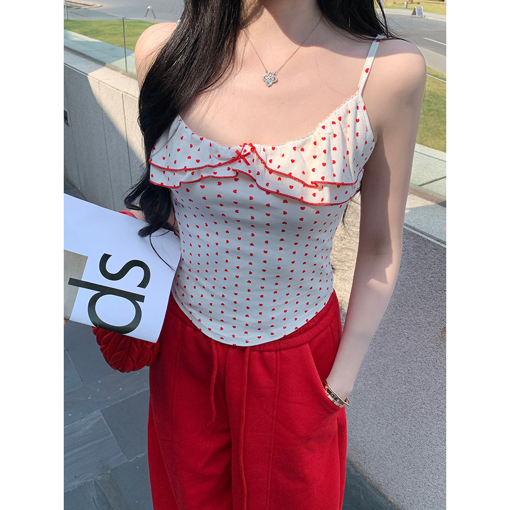 <Moses Queen> เสื้อยืดแขนกุดผ้าลูกไม้คอวีต่ำสไตล์เกาหลีสำหรับฤดูร้อน ลายจุด