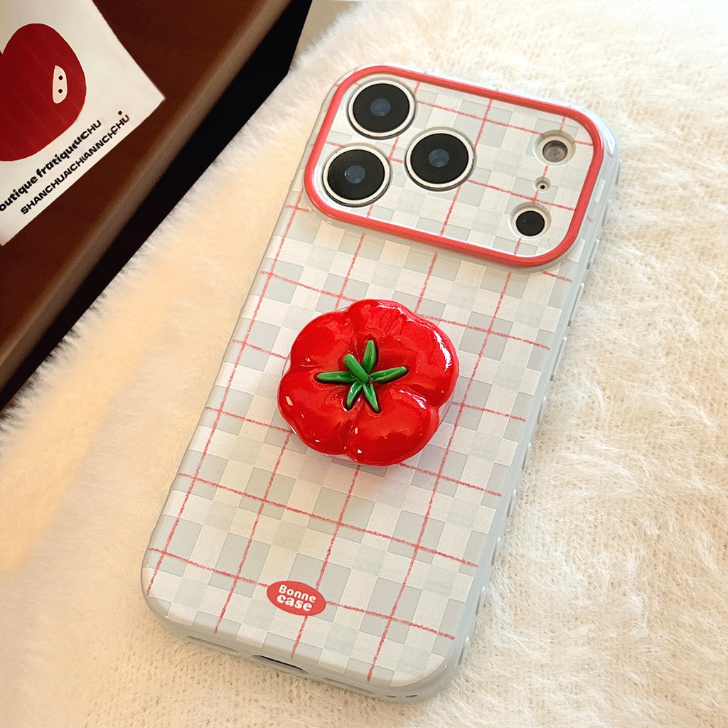 INS Blue Checker รูปแบบเคสโทรศัพท์พร้อมที่วางโทรศัพท์สําหรับ iPhone 17 Pro Max 16 15 14 13 12 11 Pro Max 3D Love ด้านข้างนุ่ม TPU ปกหลังพร้อมที่วางมะเขือเทศขาตั้ง