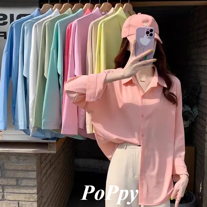 PoPpy เสื้อเชิ้ตผู้หญิง แขนยาว สีพื้น มีปก สไตล์เกาหลี มีหลายสีให้เลือก ทรงหลวม ใส่สบาย #W255