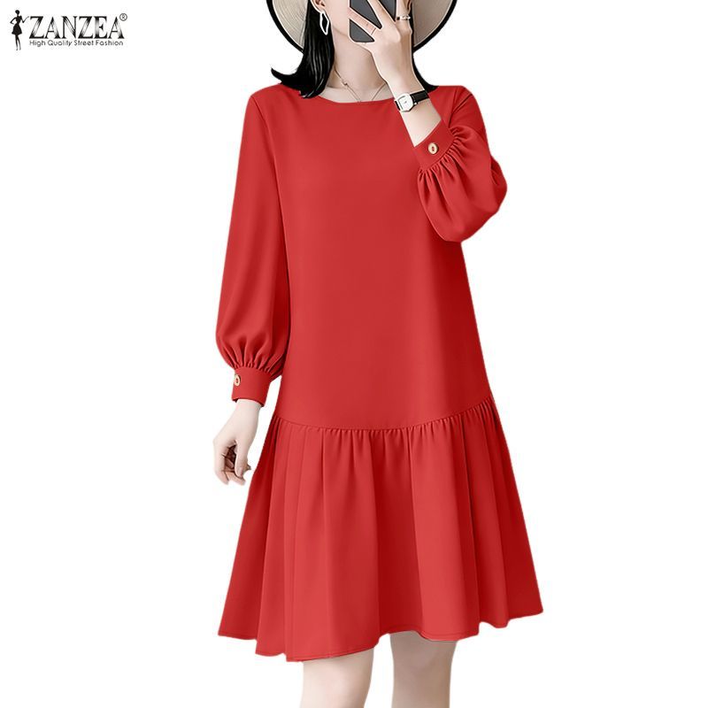 ZANZEA ชุดเดรสสตรีแฟชั่นเกาหลีสีทึบ O-คอพัฟแขนเร้าใจ Hem
