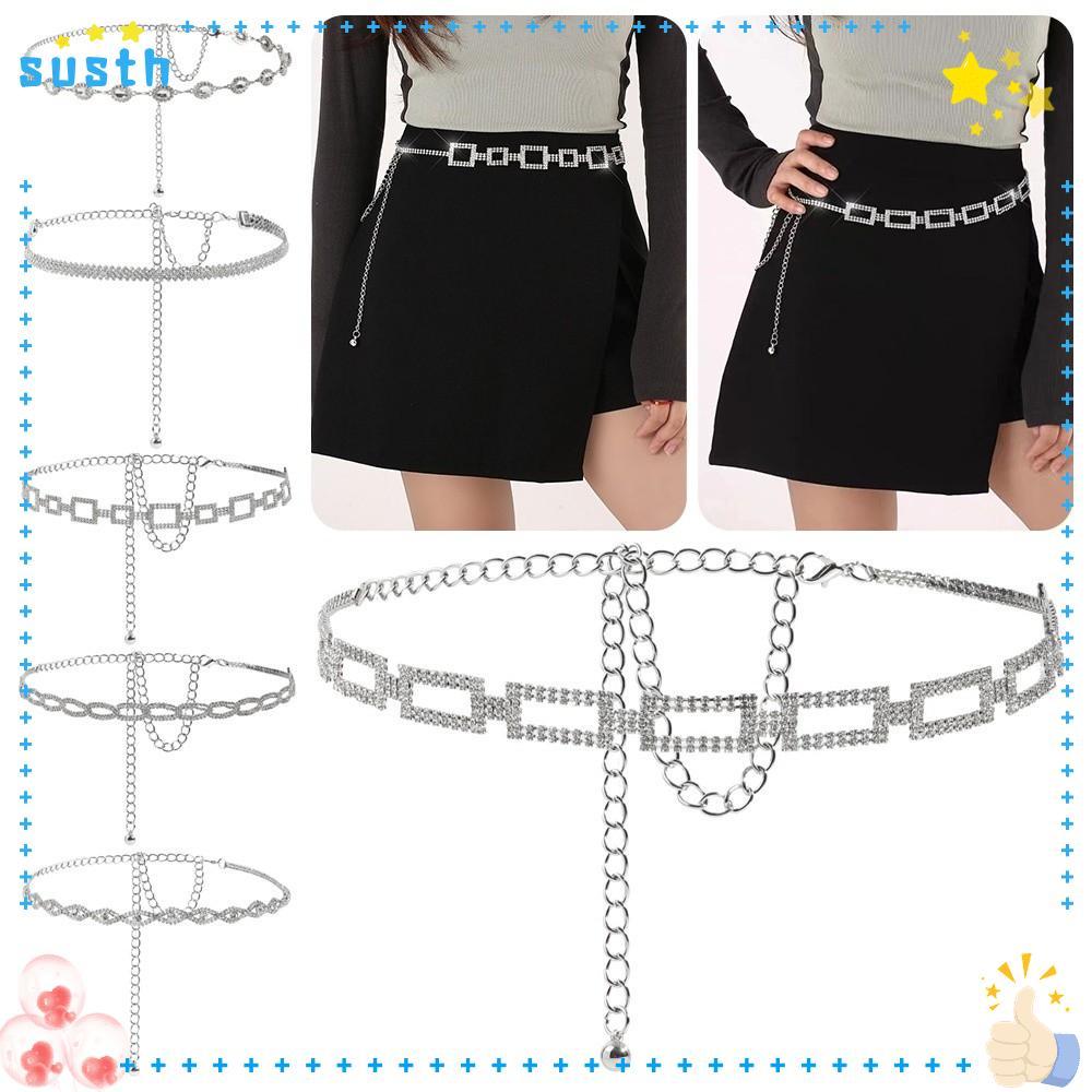 เข็มขัดโซ่ Rhinestone SUSTH สีเงิน ออกแบบสวยงามด้วยคริสตัล sparkle สไตล์หรูหรา ขนาดปรับได้ เหมาะสำหรับใส่ในงานราตรีของผู้หญิงและเด็กผู้หญิง