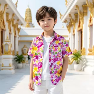 เสื้อสงกรานต์ลายดอกเด็กโต ผ้าคอตตอน100% สีไม่ตก ผ้าไม่หด 10-12ปี น้ำหนัก30-45kg สูง140-160cm รุ่น013