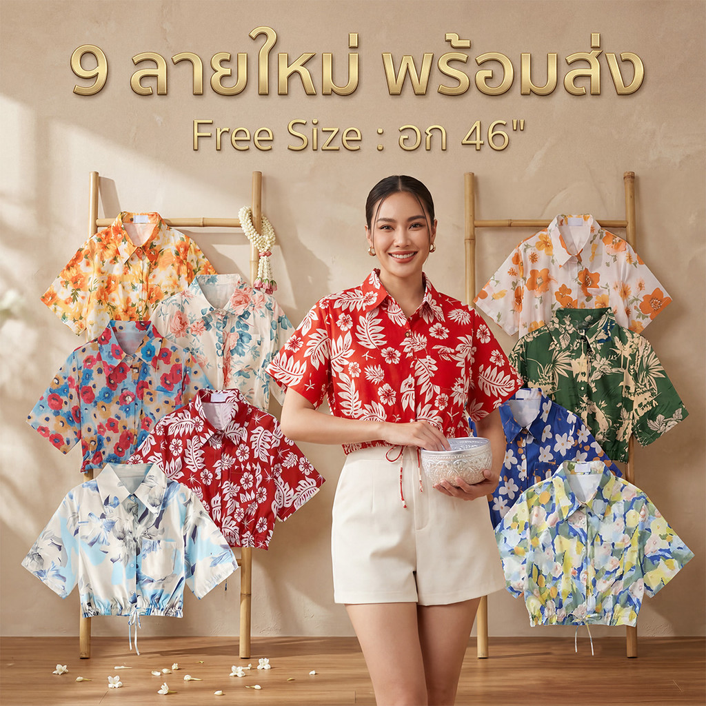 Suysuy พร้อมส่ง เสื้อครอป คอปก แขนสั้น ลายดอก กระเป๋าหน้า 1 ข้าง ผ้าคอตตอน มีเชือกรูดหน้า แฟชั่นวันสงกรานต์ ใส่เล่นน้ำ