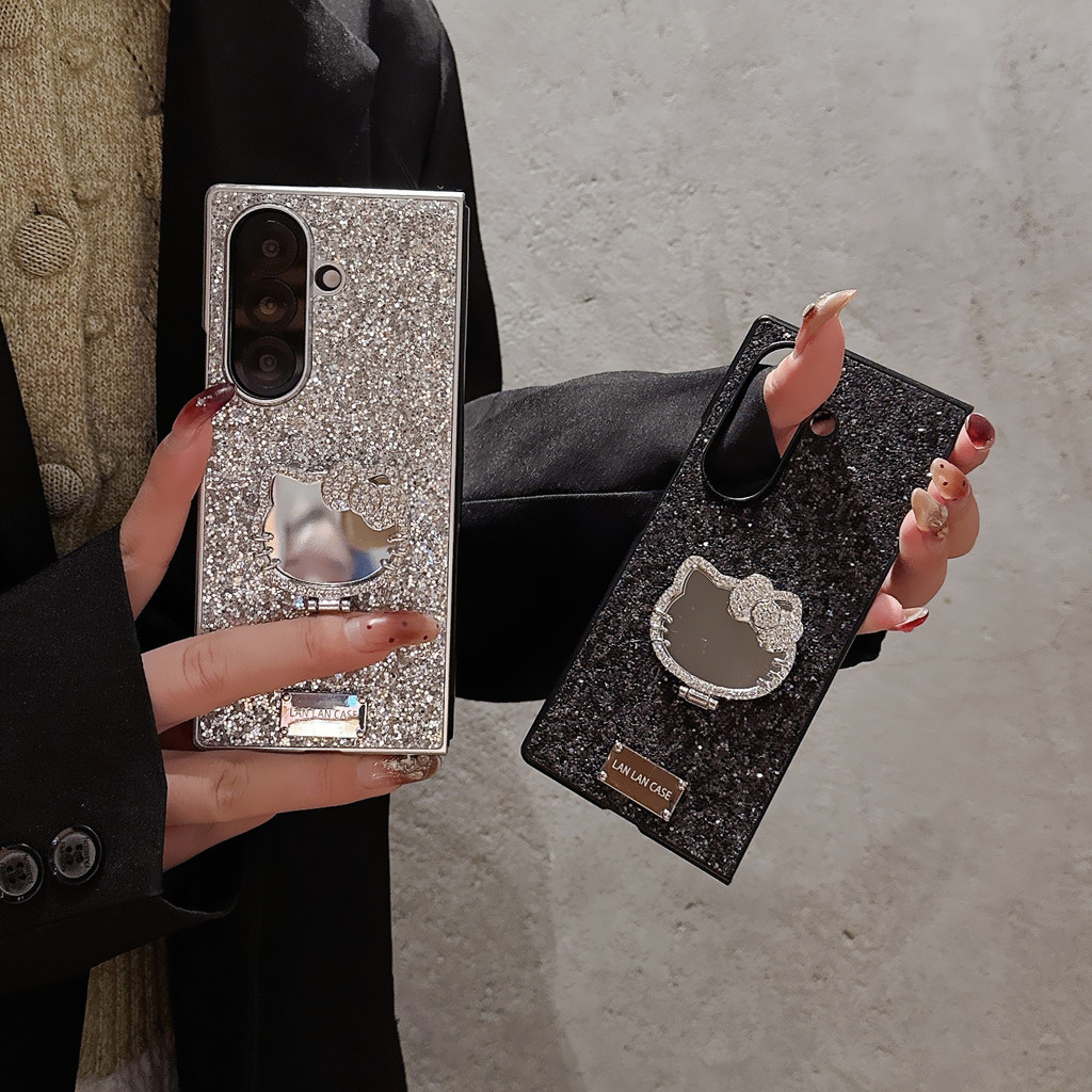 แวววาว mirror kitty cat วงเล็บ เคส Samsung Galaxy Z Fold 8 Ultra 7 6 5 4 Case ป้องกันการตก พลิกปก เคส