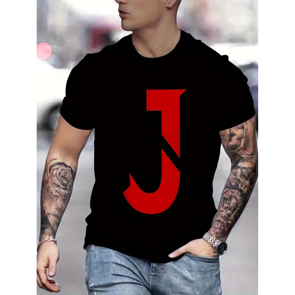 แฟชั่นMens 3D Printed Graphic T-Shirt - Bold Red J Design, Cotton Regular Fit Crew Neck Short Sleeve