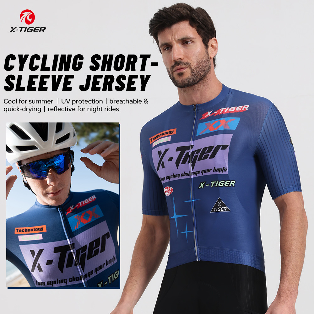 X-TIGER ผู้ชายขี่จักรยาน Jersey แขนสั้น Quick Dry Breathable 86% โพลีเอสเตอร์ 14% Spandex Jacquard ผ้า Anti Slip Hem