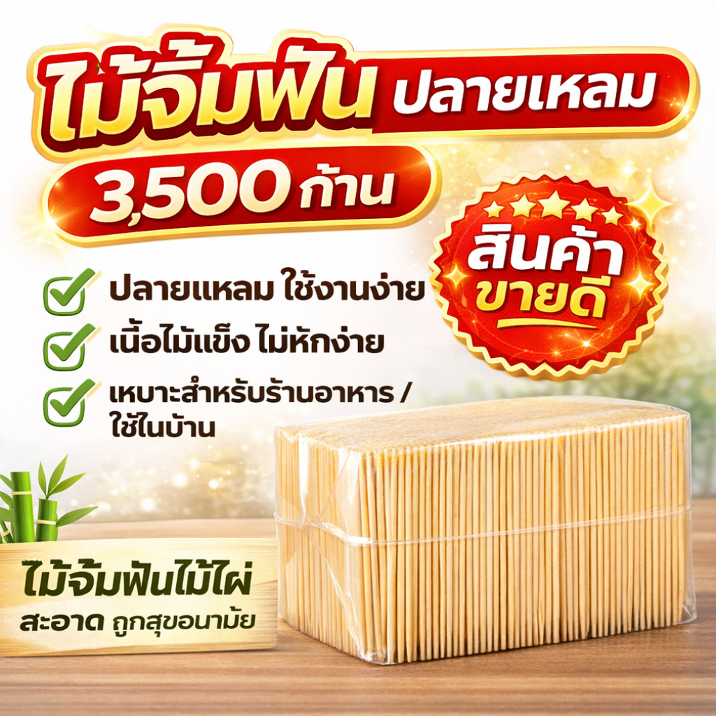 ไม้จิ้มฟัน ชนิดเติมปลายแหลม 2ด้าน 1 แพ็ค3500ก้าน ทำจากไม้ไผ่ ไม้จิ้มฟันปลายแหลม 2