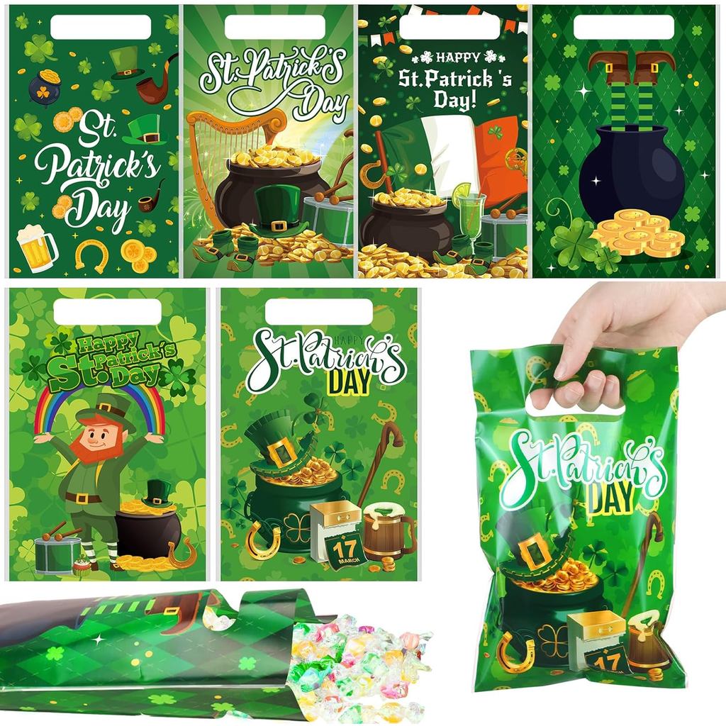 สกายยอมม 150 ชิ้น เซนต์ ถุงของขวัญพลาสติก Patrick Day พร้อมที่จับ 6.5 x 9.7 ในถุงบําบัด Irish Shamro