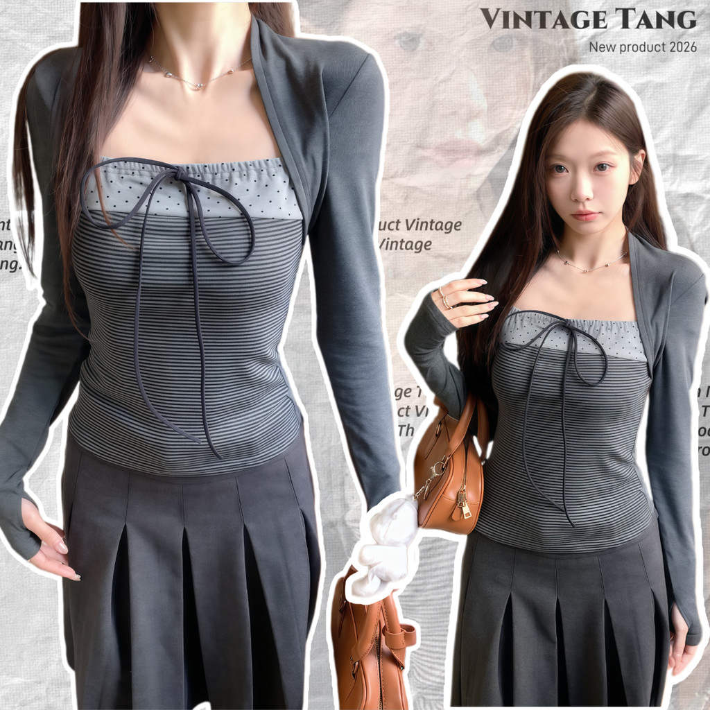 พร้อมส่ง🏷️ เสื้อแขนยาวผู้หญิง ตกแต่งโบว์ ทูโทน ทรงสวย ผ้าฝ้าย มีความยืดหยุ่น ไปคาเฟ่ สีเทาดูแพง สไตล์เกาหลีแฟชั่น