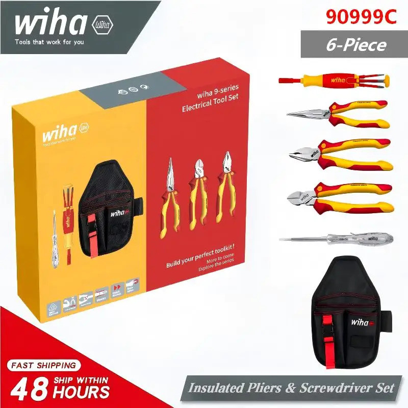 WIHA 90999C VDE ชุดเครื่องมือฉนวน (6 ชิ้น) – ชุดคีมและไขควงช่างไฟฟ้าพร้อมกระเป๋าเข็มขัดเพื่อความปลอด