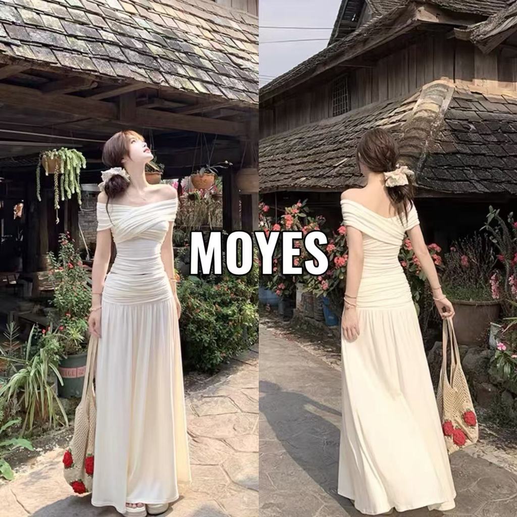MOYES🔥ในสต็อก💗ชุดเสื้อถักเข้ารูปเปิดไหล่และกระโปรงยาวสำหรับฤดูร้อน