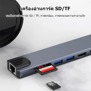 8-in-1Type-C Hub USB C เป็นUSB3.0 2.0HDMI 4K LAN RJ 45 เครื่องอ่านการ์ด SD/TF USB C PD HUB สําหรับโทรศัพท์มือถือแล็ปท็อป