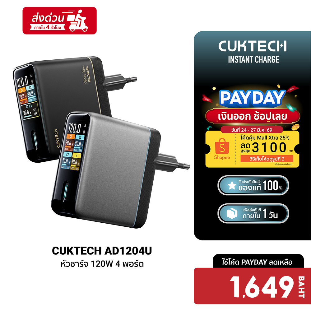 [ลดเหลือ 1649] CUKTECH AD1204U หัวชาร์จ 120W 4 พอร์ต เชื่อมต่อแอป Xiaomi Home รองรับ PD3.0 , PPS -2Y