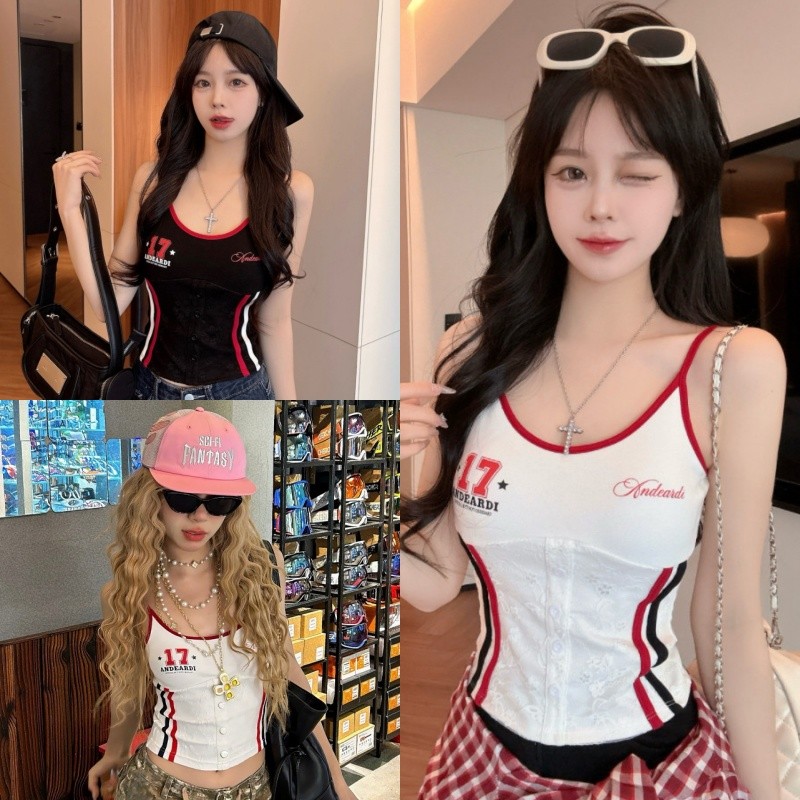 🥭Evelyn🥭เสื้อกล้าม ดีเทลลูกไม้แต่งกระดุม ปักเลขเก๋ๆ เข้ารูปผ้านุ่มสบาย เสื้อผู้หญิง สไตล์เกาหลี แฟชั่น