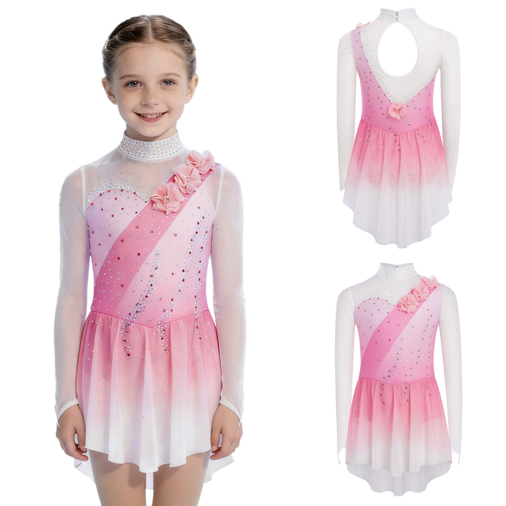 Yeahdor เด็กสาวรูปสเก็ตเครื่องแต่งกายจําลองคอ Cutout กลับ Sheer ตาข่าย Patchwork แขนยาว 3D ดอกไม้ Rhinestones Gradient สีเต้นรําชุด ราคา ถูกที่สุด ดีลบีเคเค แกลเลอรีภาพที่ 3