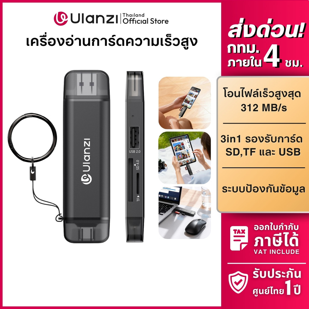 Ulanzi การ์ดรีดเดอร์ CR3 Card Reader รองรับ SD,TF,USB พอร์ตคู่ USB-C,USB-A สำหรับมือถือ Notebook
