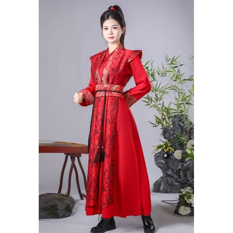 红色打鼓演出服男女侠客风花木兰剑舞国风古装象王行舞蹈服雪龙吟3-27Red Drumm Performance Cos for Men and Women, Martial Arts Style, M