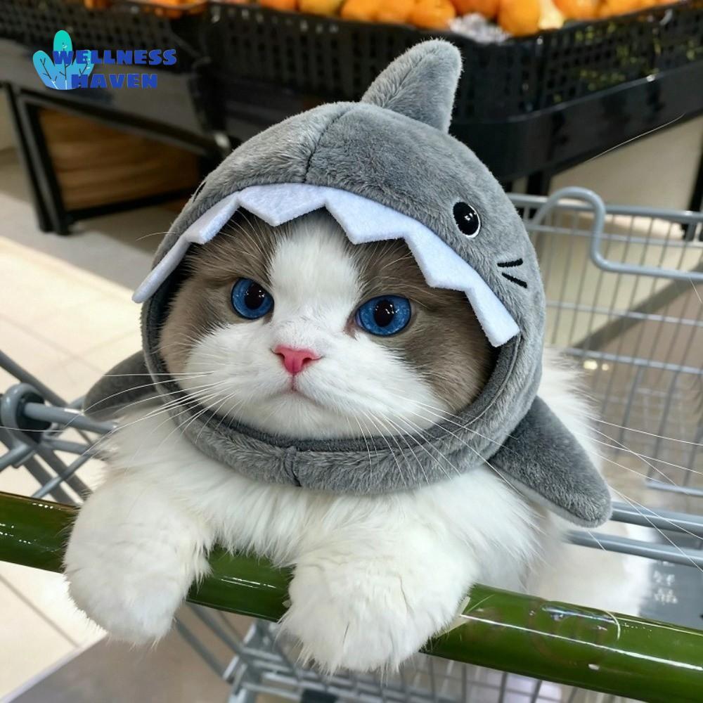 WELLNESSHAVEN Cat Shark Headdress, Warm Plush Soft Cat หมวกตกแต่ง,ลูกสุนัขแต่งตัวปรับการ์ตูนน่ารักสัตว์เลี้ยงคอสเพลย์ Headwear คริสต์มาส