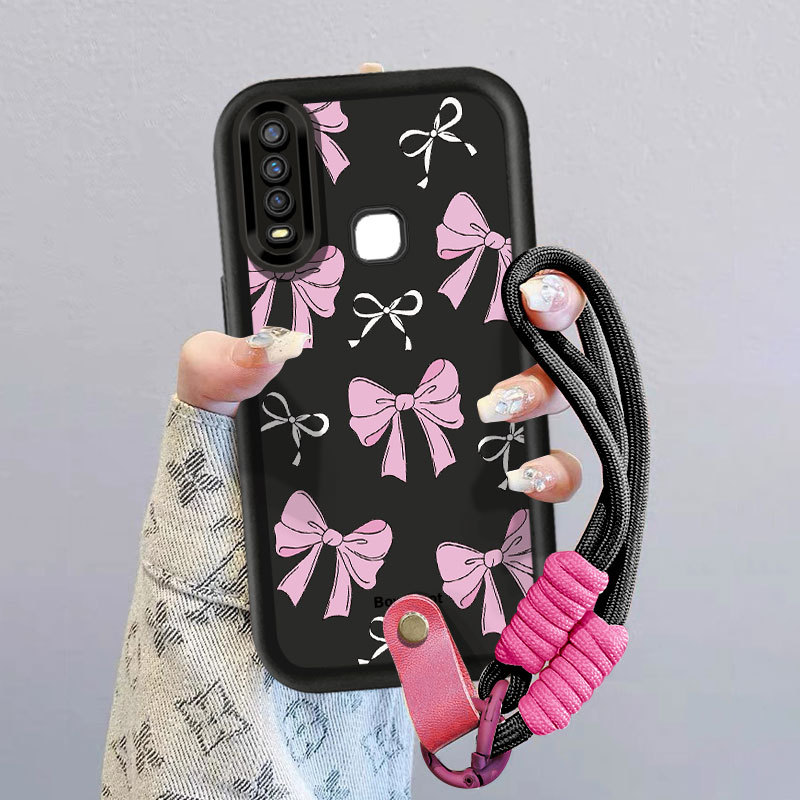 สีชมพู Bowknot สายคล้องโทรศัพท์ฝาหลังสําหรับ VIVO Y17 Y15 Y12 Y12i Y3S 1901 1902 1904 Y7S S1 กันกระแ
