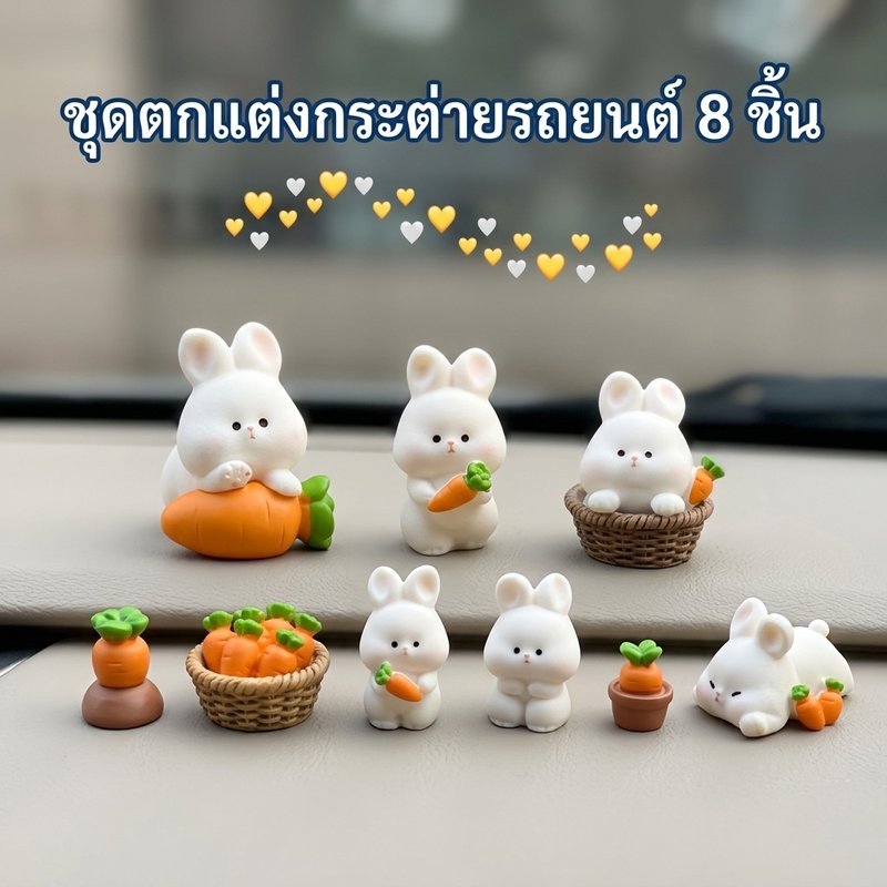 เครื่องประดับภายในรถกระต่าย ชุด 8 ชิ้น วัสดุเรซิน คุณภาพสูง การ์ตูนน่ารัก งานฝีมือ COD