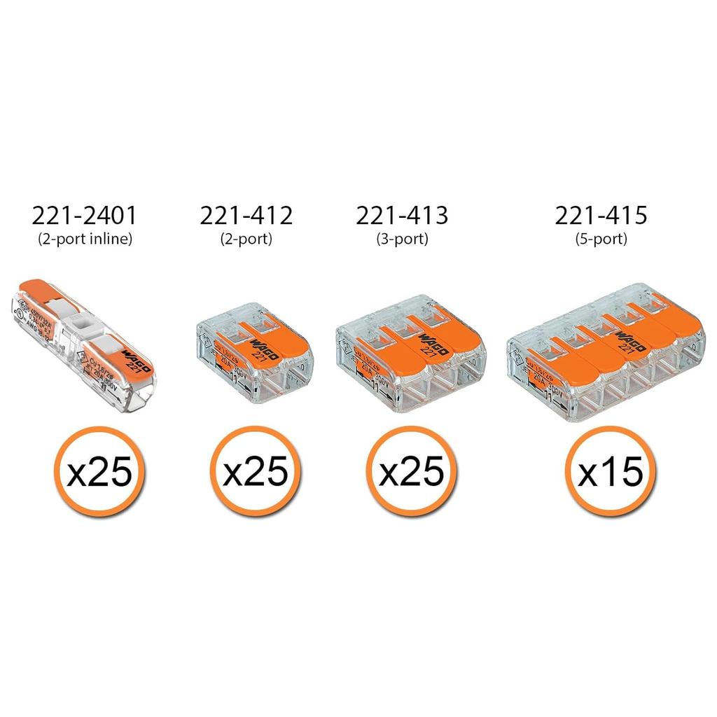 WAGO 221 Lever Nuts 90pc Compact Splicing Wire Connector Assortment with Case. รวม 221-2401, 221-412
