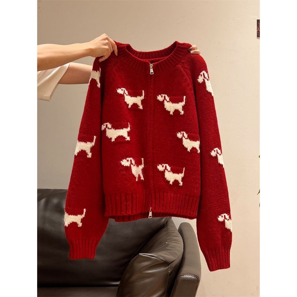 ซูเวนจิน ตรุษจีน เอลฟ์ สีแดงปีใหม่บรรยากาศซิปคู่หนาเสื้อกันหนาวคาร์ดิแกนผู้หญิงฤดูหนาวรอบคอถักแจ็คเก