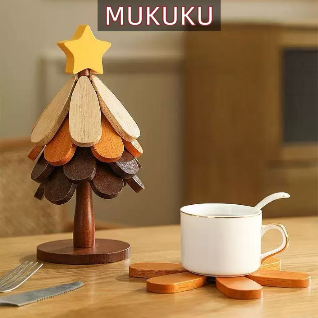 MUKUKU ที่รองแก้ว แผ่นไม้รองจาน จานรองแก้ว จานรองแก้วต้นคริสต์มาส ไม้เนื้อแข็ง เดสก์ท็อปตกแต่ง