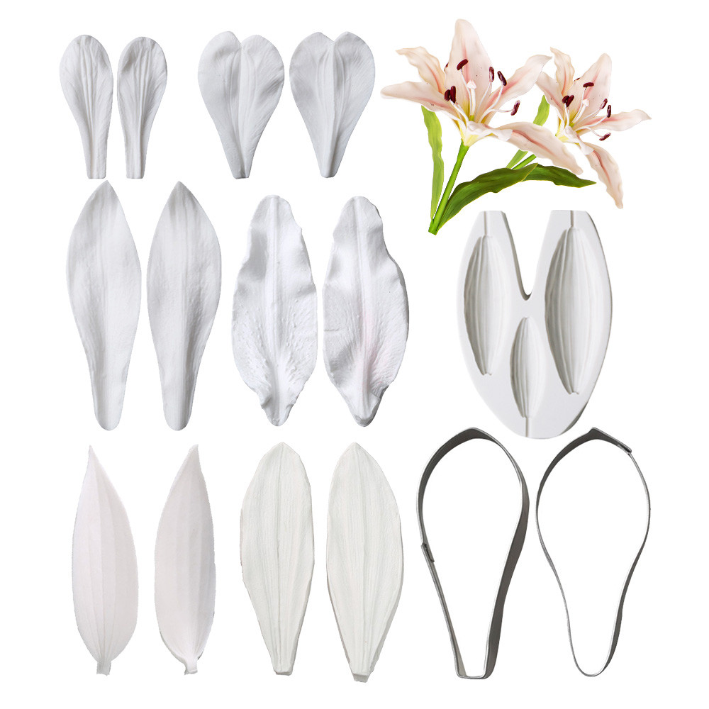 KAILAEN Lily กลีบ, Leaf ซิลิโคน Veining แม่พิมพ์,สแตนเลสเครื่องตัดหลายรูปแบบ DIY Sugarcraft,Clay,Fondant ดอกไม้แม่พิมพ์ Easy Release เค้กตกแต่งดอกไม้ Lily แม่พิมพ์