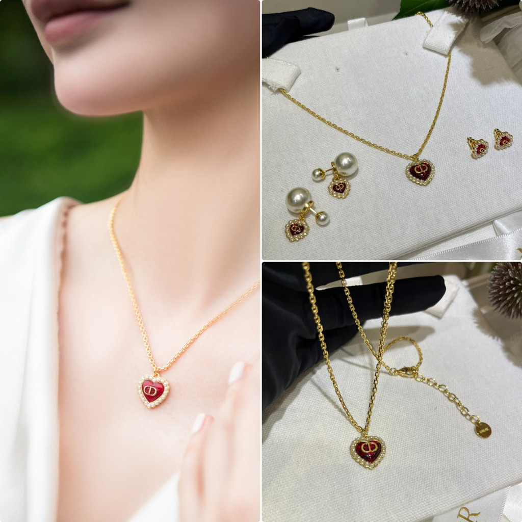【ก่อนสั่งสอบถาม】ราคา2100 DDD สร้อยคอผู้หญิง ลายหัวใจสีแดง ประดับขอบด้วยไข่มุกเรซิน