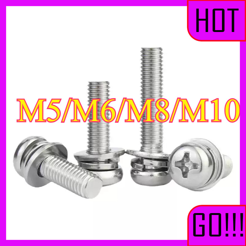(ยกชุด) น็อต สกรู หัวกลม พร้อม แหวน+สปริง+ตัวเมีย สเตนเลส 304 เกลียวมิล / (Set) Pan Head  M5/M6/M8/M