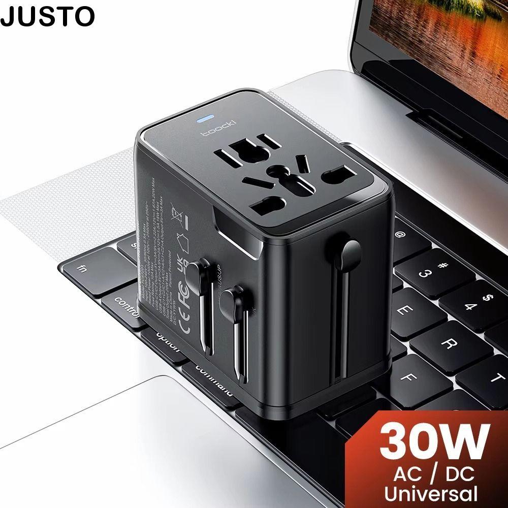 JUSTO AC Socket Converter, 30W 2USB-C & USB-A Fast Charging Travel Charger Adapter, แบบพกพาปลอดภัย U