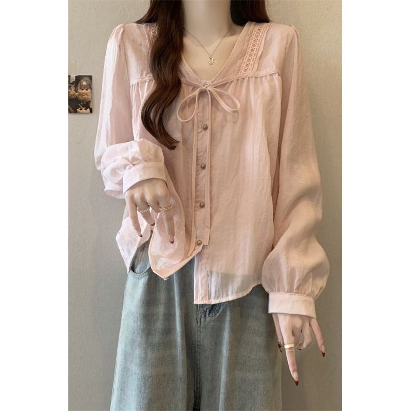 2026 แฟชั่น 2026 ขนาดใหญ่ไขมัน mmV คอ Bowknot Single-Breasted เสื้อแขนยาวผู้หญิงเสื้อฝรั่งเศสหลวมอาย