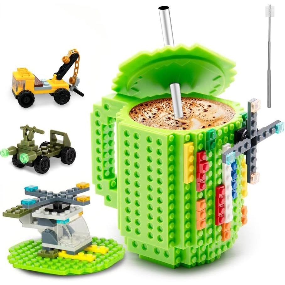 แก้วกาแฟอิฐ FUBAR – ถ้วยแปลกใหม่ตลกพร้อมฝาปิดและหลอด, แก้วของเล่นบล็อคตัวต่อ, ความคิดของขวัญสําหรับผ