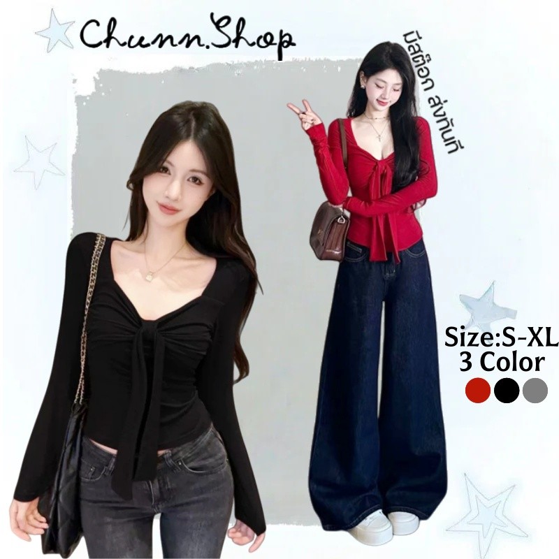 Chunn พร้อมส่ง🍒เสื้อยืดแขนยาว ชุดคริสต์มาส คอวี สีแดง เซ็กซี่แฟชั่นสาวเกาหลี มีเชือกผูกโปว์ได้ ทรงเข้ารูป หรูเริ่ด