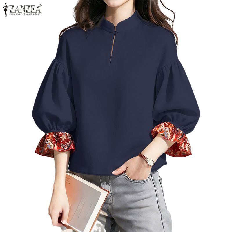 เสื้อยืนปก 3/4 แขนพัฟ กะ.boton สไตล์เกาหลีจาก ZANZEA สำหรับผู้หญิง