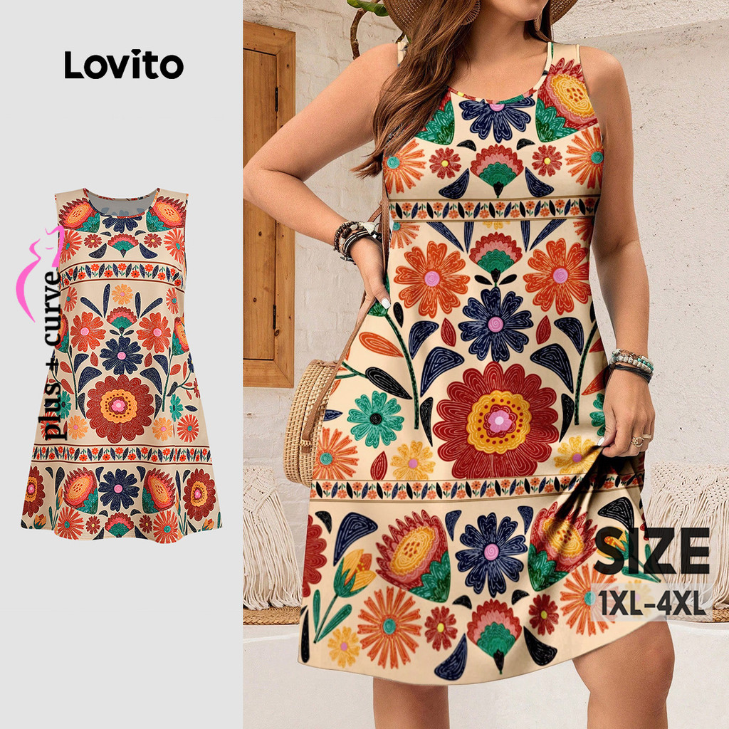 Lovito Boho แพทเทิร์นชุดเดรสผู้หญิงแบบสองชั้นสําหรับฤดูใบไม้ผลิ/ฤดูร้อน ใส่ลําลอง L177ED143