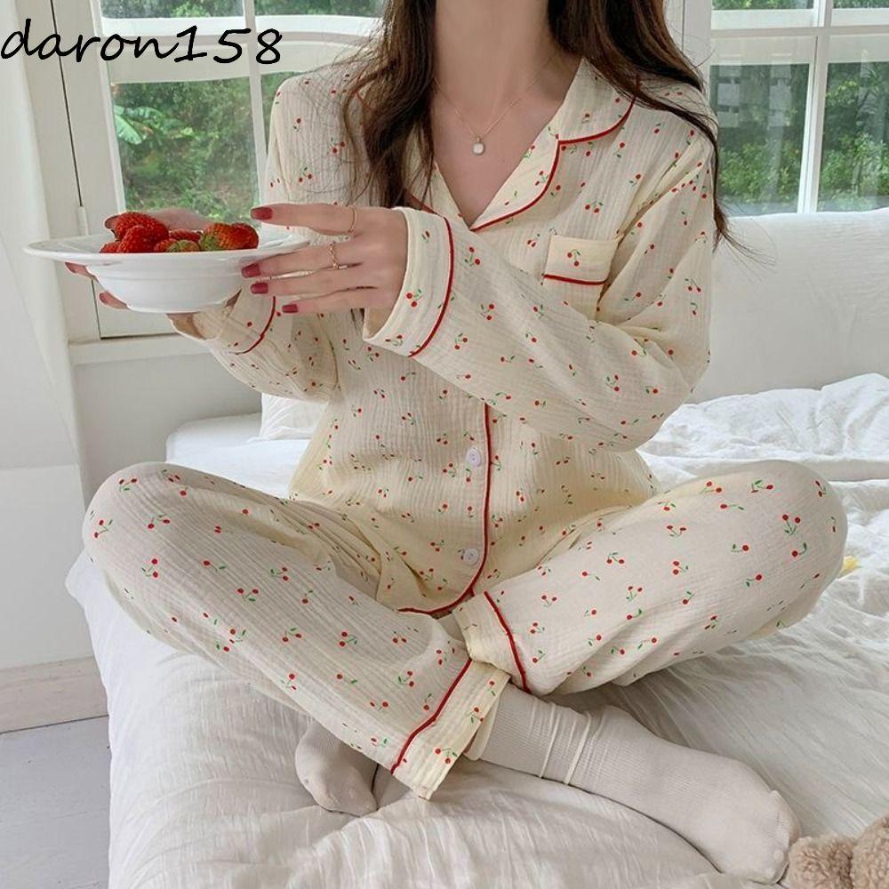 PHASE Cherry Pyjamas Women, Ruffle Loose Sweet Pyjamas Suit, Fashion Lapel Nightdress สองชิ้นชุดนอนบ