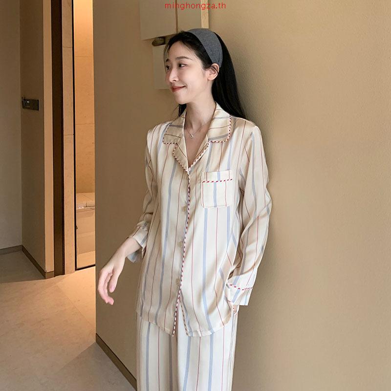 ชุดนอน Soft Cream Striped Pajamas - Her (premium silk satin)