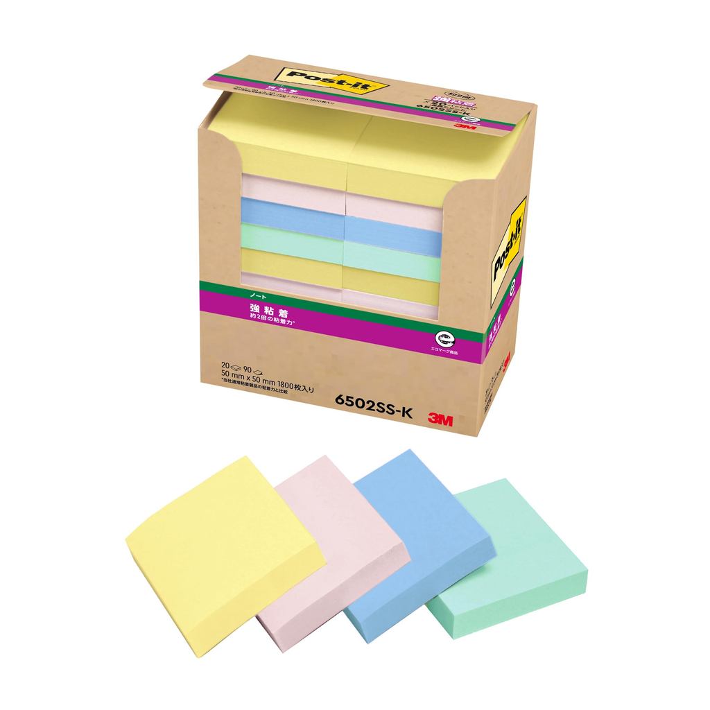 3M Post-it Notes Strong Adhesive Small Pastel Colors 50×50mm 90 sheets × 20 pads 6502SS-K Eco Mark C