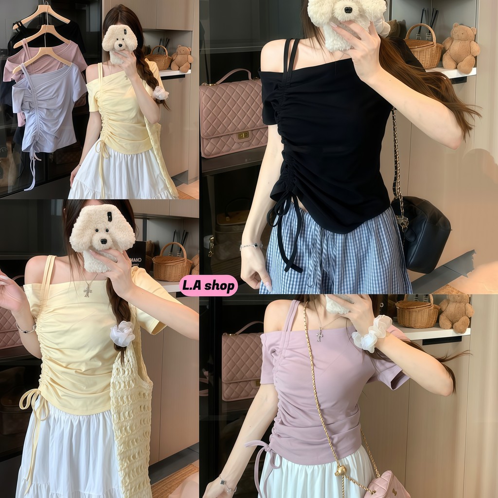 L.A Shop★เสื้อคุณภาพดี เสื้อผ้าผู้หญิง เสื้อปาดไหล่ ดีไซน์สายรัดเอวด้านข้าง เข้ารูป สไตล์เกาหลี FY2542-0
