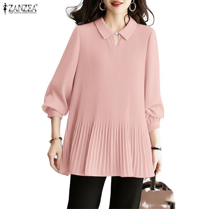 ZANZEA ผู้หญิงเกาหลี Elegant Officewear ปก 3/4 แขนโคมไฟ Pleats Hem Midi A-Line เสื้อเบลาส์ — صورة 6