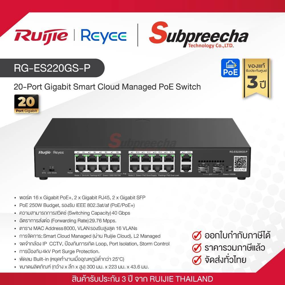 RG-ES220GS-P / Ruijie-Reyee 20-Port Gigabit Smart Cloud Managed PoE Switch